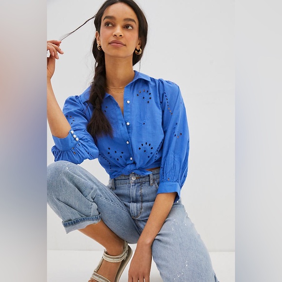 Anthropologie Forever That Girl Puff Sleeved Eyelet Buttondown Shirt - Picture 1 of 10